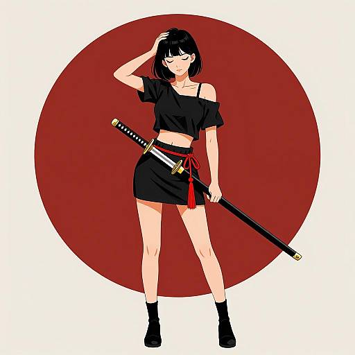 Young Woman with Japanese Swords Illustration