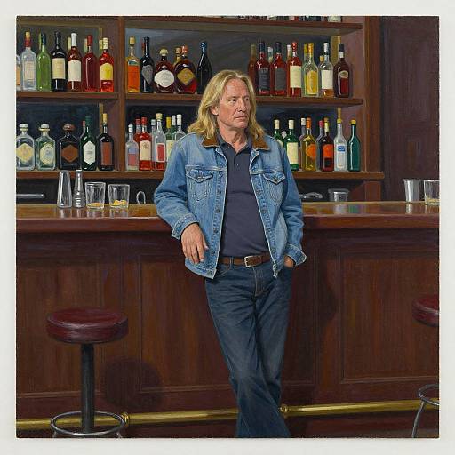 Photograph of a middle-aged man with long blond hair, wearing a blue denim jacket, black shirt, and jeans, leaning against a wooden bar with