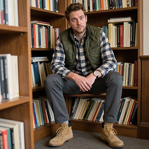 Photograph of a bearded man with short brown hair, wearing a green vest, plaid shirt, dark pants, and tan boots, sitting in