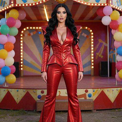 Photograph of a woman with long black hair, wearing a shiny red leather jumpsuit with a deep V-neck, standing confidently in front of a colorful