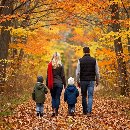 Photograph of a family of three, with a blonde woman in a red scarf, a man in a black vest, and two children, walking on