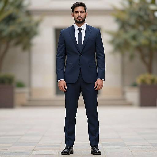 Photograph of a handsome, bearded man with short dark hair, wearing a navy blue suit, white shirt, and black tie, standing confidently on
