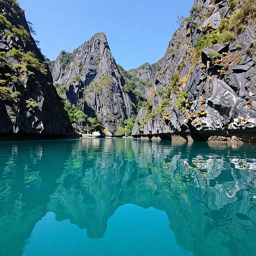 Photograph of a serene mountainous lake with clear, turquoise water reflecting jagged, rocky cliffs and sparse greenery under a bright blue sky.