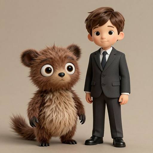 Boy with Furry Creature in Whimsical Style