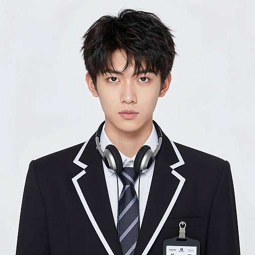 Young Asian Man in School Uniform with Headphones