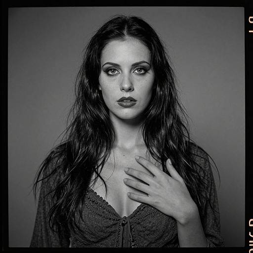 Black-and-white photograph of a pale-skinned, dark-haired woman with wet hair, wearing a textured, lace-front top, gazing intensely, hand