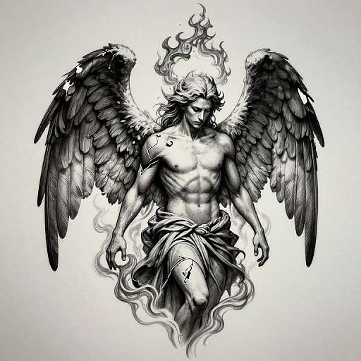Black and white digital drawing of a muscular, winged angel with flowing hair, fiery halo, and draped cloth, floating ethereally.