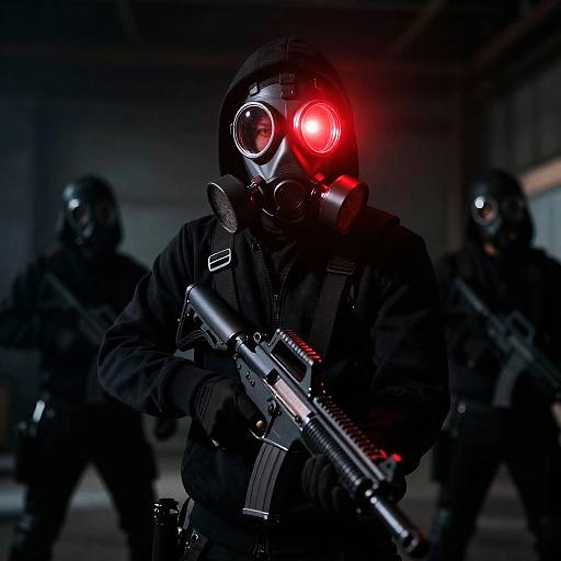 Menacing Figure in Dimly Lit Industrial Scene