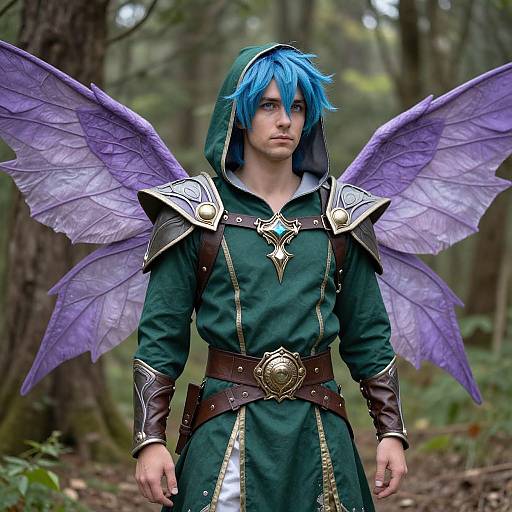 Photograph of a blue-haired man with purple fairy wings, wearing green medieval armor and a hood, standing in a forest.