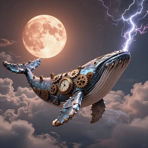 Steampunk whale with gears and clock, flying under a glowing full moon, illuminated by lightning in a cloudy sky.