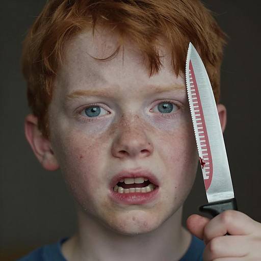 Frightened Boy with Knife Close-Up