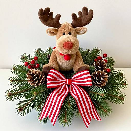 Photograph of a plush reindeer with brown antlers, red nose, and red bowtie, sitting in a green pine wreath with red berries