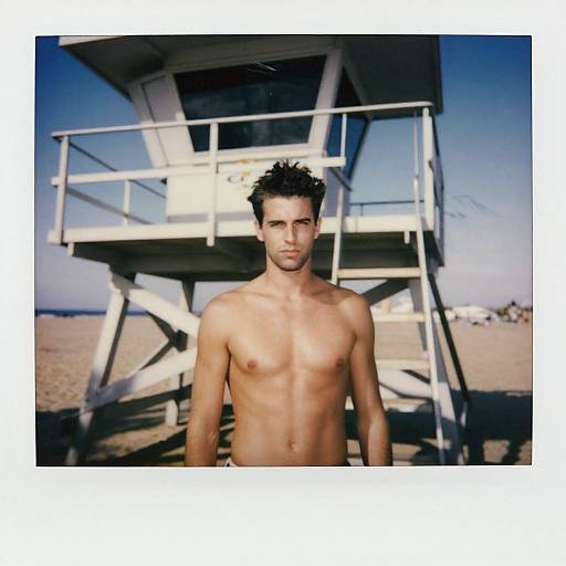 Photograph of a shirtless, muscular, young man with short, spiky dark hair standing in front of a lifeguard tower on a sunny beach