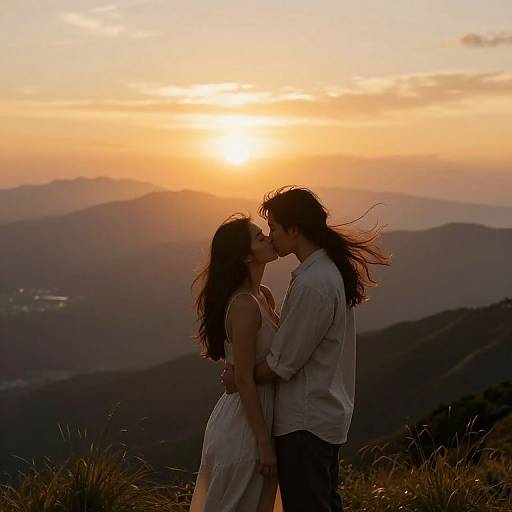 Photograph of a couple kissing at sunset on a mountain peak, silhouetted against a golden sky, with the man in a white shirt and