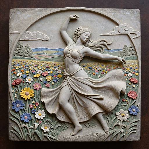 Sculpture of a dancing woman in a flowing dress amidst colorful flowers, with mountains and clouds in the background. Detailed, relief-style artwork.