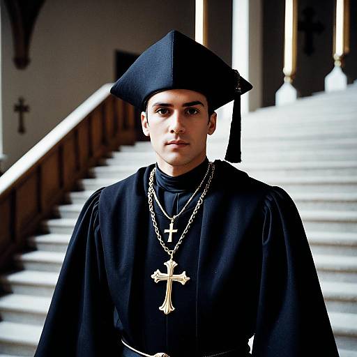 Man in Judge Claude Frollo Costume with Cross Necklace