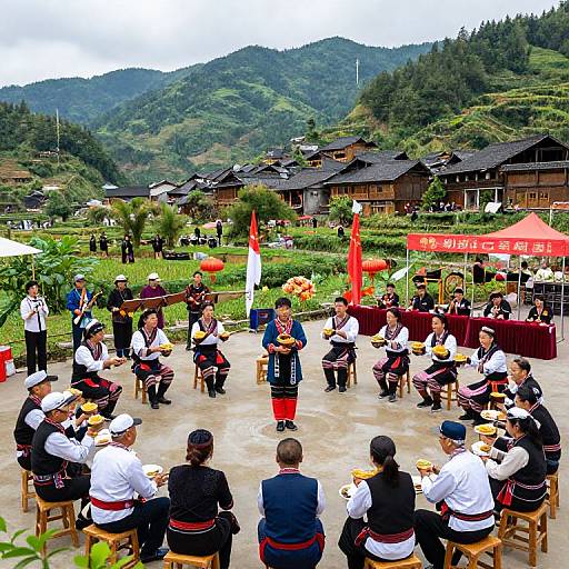 Vibrant photograph of traditional Korean outdoor performance with 16 dancers in colorful, traditional attire, surrounded by green hills and wooden houses.