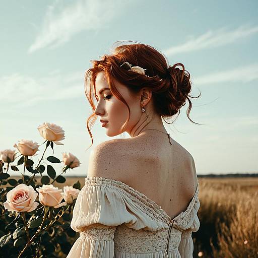 Redhead Woman in Bohemian Dress with Roses