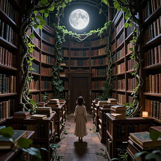 Digital art: A young girl in a white dress stands in a dimly lit, vine-covered library aisle with full moon above, surrounded by towering book