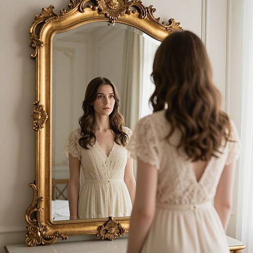 Photograph of a young woman with wavy brown hair, wearing a white lace dress, standing before an ornate gold-framed mirror in a sun