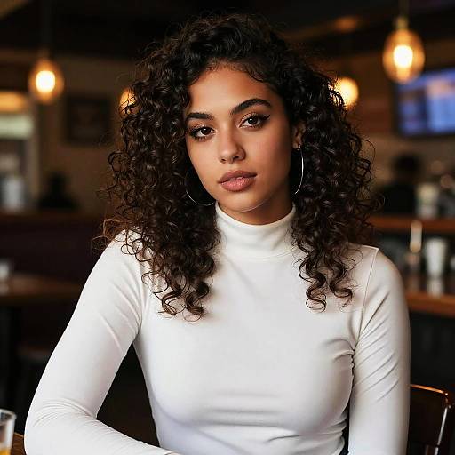 Photorealistic portrait of a young woman with curly black hair, wearing a white long-sleeve top, sitting in a dimly lit bar with