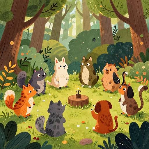 Whimsical forest illustration of colorful, cute cats with varied fur patterns and colors, sitting around a small fire in a sunlit clearing with tall trees