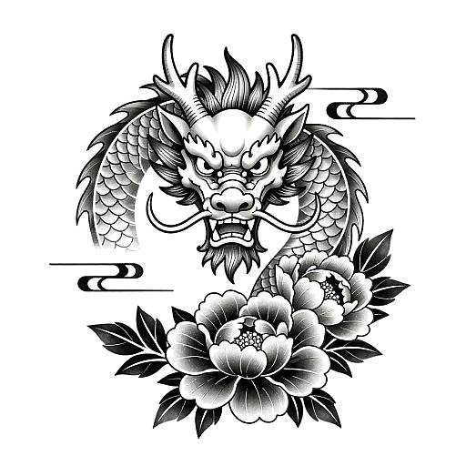 Monochrome Chinese Dragon Tattoo Stencil