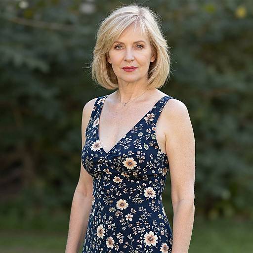 Photograph of a middle-aged blonde woman with shoulder-length hair, wearing a sleeveless, navy blue floral dress, standing outdoors against a blurred green background