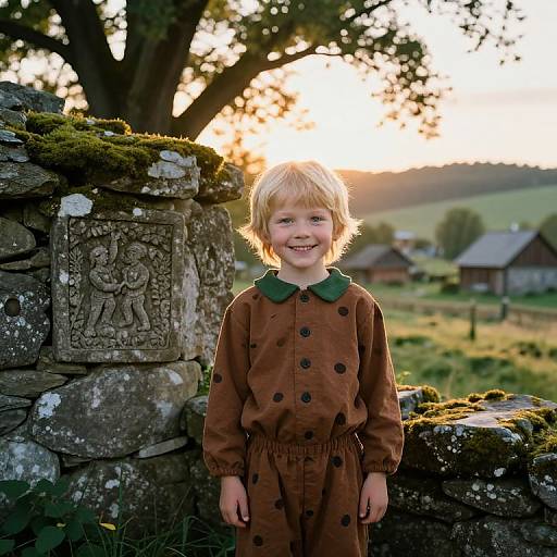 Cheerful Boy in Mossy Village Sunrise