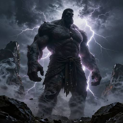 Digital art of a muscular, dark-skinned, lightning-illuminated, shirtless barbarian with a ragged loincloth, standing amidst