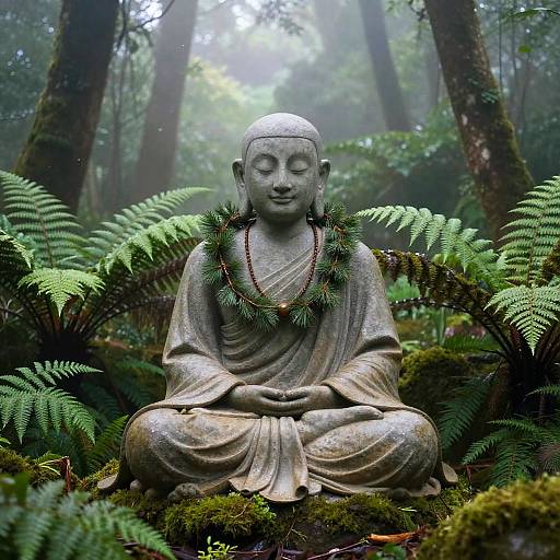 Photograph of a serene, moss-covered Buddha statue with a pine garland, sitting in a misty, lush forest surrounded by ferns.