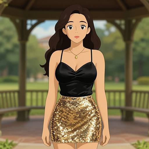 Digital anime-style drawing of a woman with long black hair, wearing a black spaghetti strap top and gold sequin skirt, standing in a park gazebo