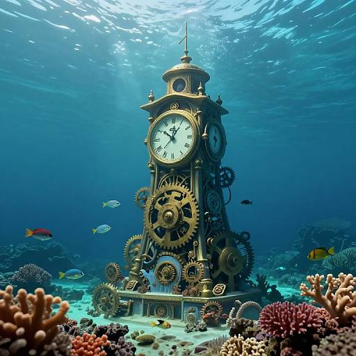 Photograph of an underwater scene with a steampunk-style clock tower surrounded by coral reefs and colorful fish in bright blue water.