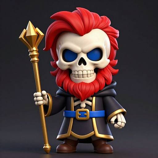 Chibi-style CGI image of a skull-headed character with bright red mane, blue eyes, holding a golden staff, wearing a black robe with gold trim
