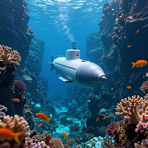 Photograph of a white, submarine-like underwater robot surrounded by vibrant coral reefs and orange fish, illuminated by blue ocean light.