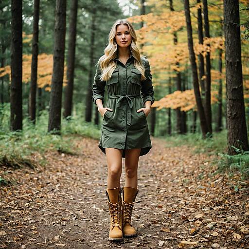 Young Woman in Green Military Dress and Tan Boots in Forest