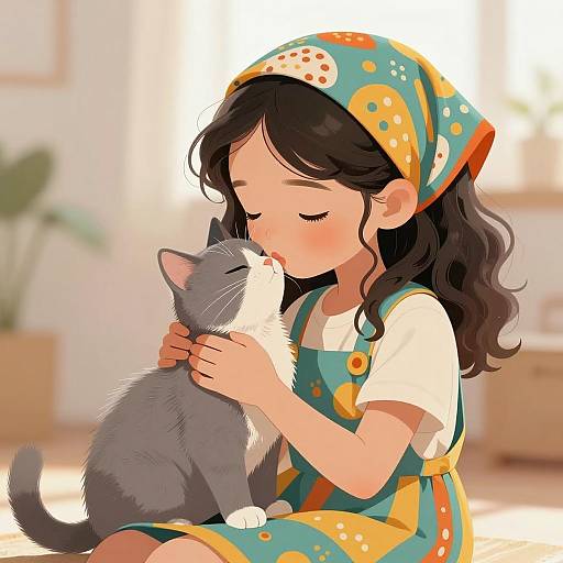 Charming Girl and Cat Illustration