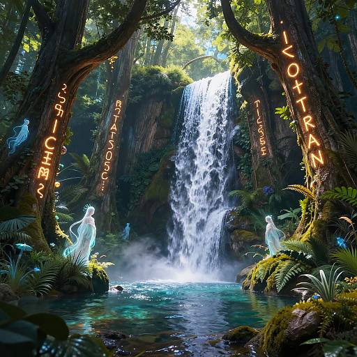 Enchanted Forest Waterfall with Glowing Runes and Ethereal Spirits