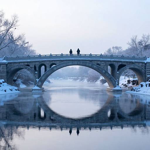 Photograph of a snow-covered stone arch bridge with two silhouetted figures standing on it, reflecting in a calm, icy river.