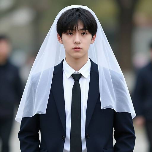 Photograph of an Asian young man with short black hair, wearing a black suit, white shirt, black tie, and white veil. Blurred outdoor