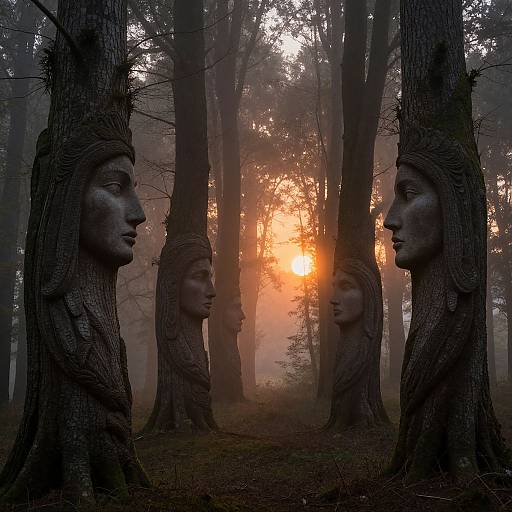 Photograph of a misty forest at sunrise with tree trunks featuring carved human faces, their expressions solemn, sunlight filtering through dense fog.