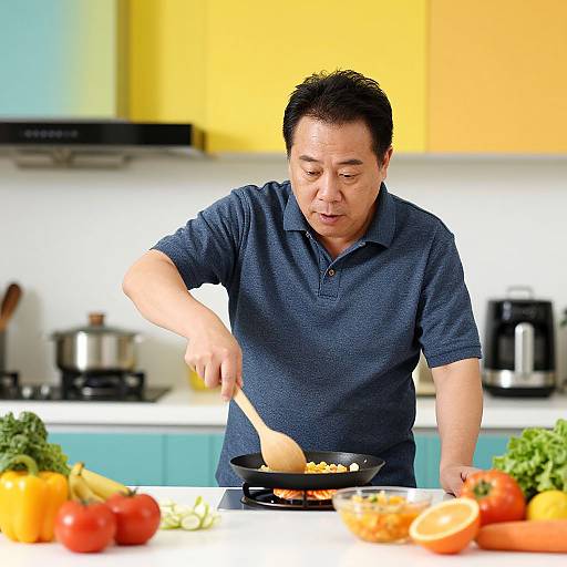 Photograph of an Asian man in a navy polo shirt, cooking in a bright kitchen with yellow cabinets, stirring food in a pan, surrounded by fresh