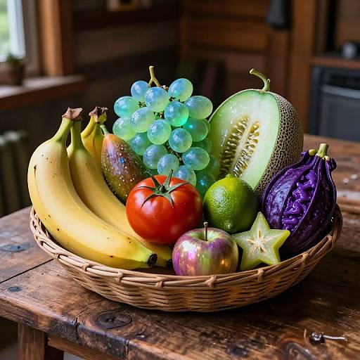 Photograph of a wicker basket filled with bananas, green grapes, honeydew melon, kiwi, purple passionfruit, tomato, apple