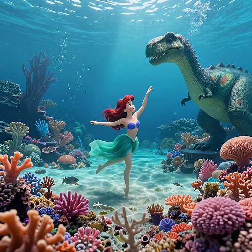 CGI underwater scene: Red-haired mermaid in blue top and green skirt, dancing with a large, green dinosaur among colorful coral reefs. Sunlight
