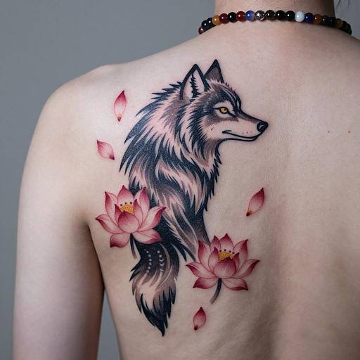 Wolf and Lotus Tattoo on Back