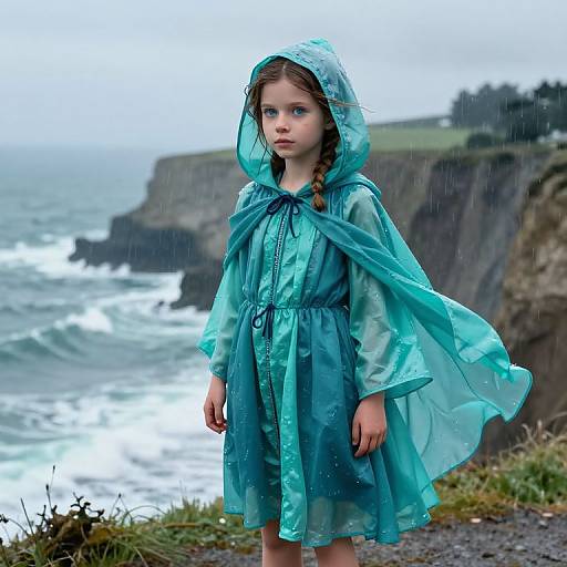 Photograph of a young girl with blue eyes and braided hair, wearing a turquoise raincoat and standing by a rocky coastal cliff under an overcast