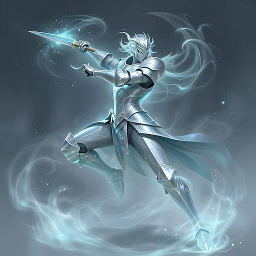 Digital artwork of a silver-armored, ethereal warrior with flowing blue mist, wielding a glowing blue sword, surrounded by swirling blue energy.