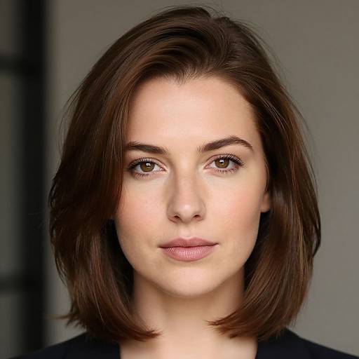 Photorealistic digital portrait of a fair-skinned woman with brown bob haircut, light brown eyes, subtle makeup, and black top, against a gray