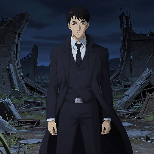 Anime-style drawing of a serious young man in a black suit and tie, standing in a dark, ruined, industrial landscape at night.
