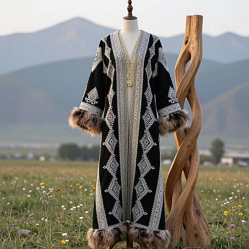 Photograph of an intricate black and white embroidered robe with fur trim, displayed on a mannequin in a grassy field with mountains and a wooden